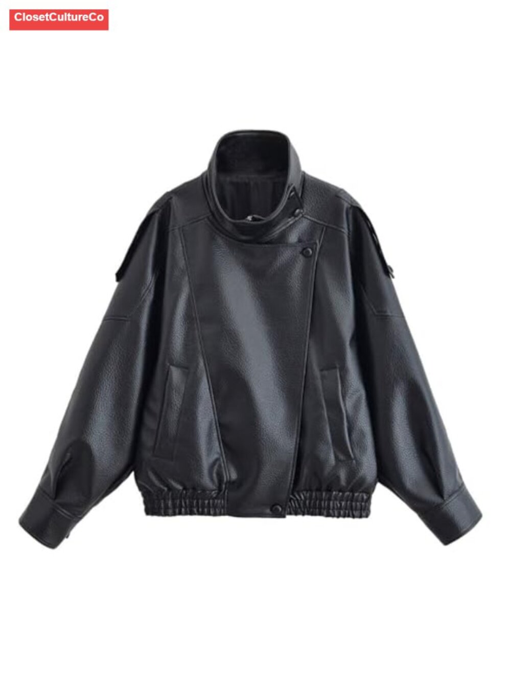 Oversized Faux Leather Jacket High Collar Zip Up Moto Biker Coat